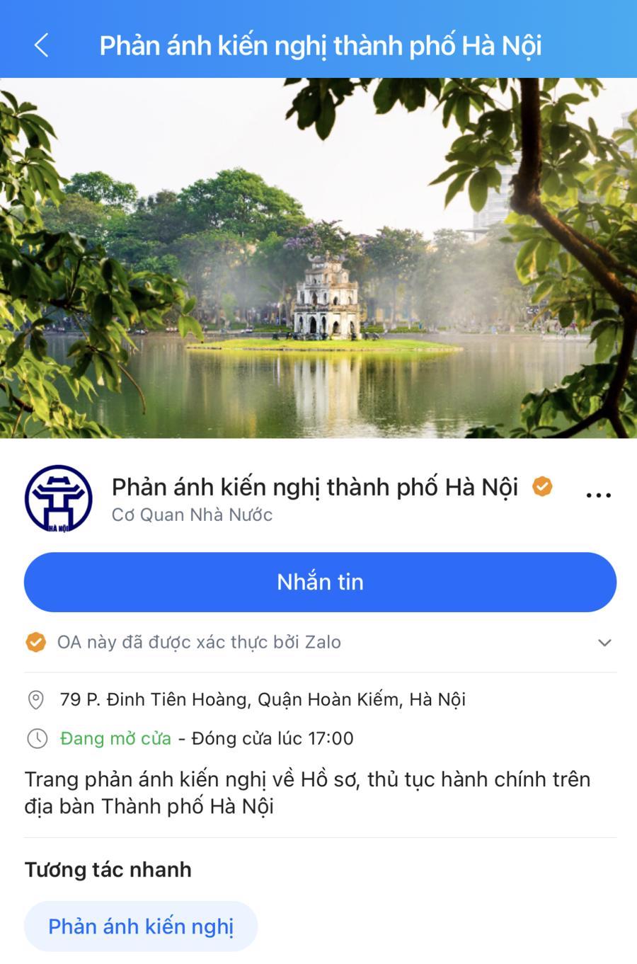 UBND TP Hà Nội chính thức tiếp nhận kiến nghị của người dân, doanh nghiệp về quy định hành chính tại địa chỉ Zalo Official Acount “Phản ánh kiến nghị thành phố Hà Nội”.