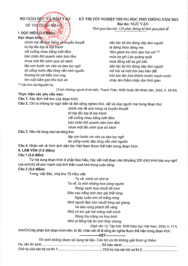 NÓNG: Đề minh họa môn Ngữ văn Kỳ thi Tốt nghiệp THPT 2023 - Ảnh 1.