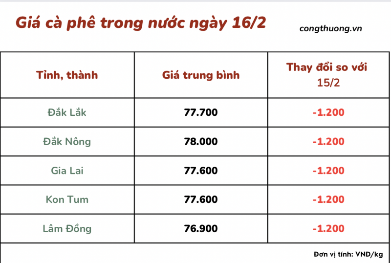 Giá cà phê 16/2, giá cà phê trong nước ngày 16/2/2024