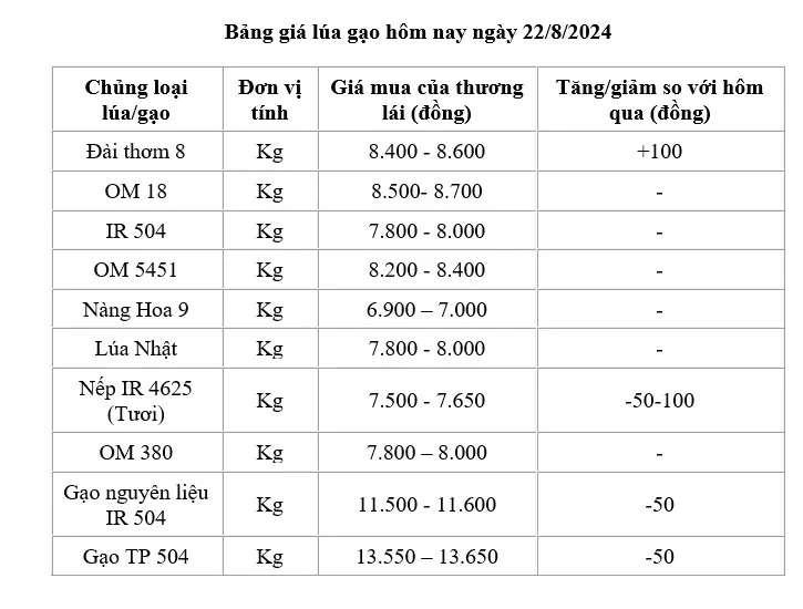 Giá lúa gạo hôm nay 22/8/2024: Giá lúa tăng nhẹ ; giá gạo giảm 50 đồng/kg