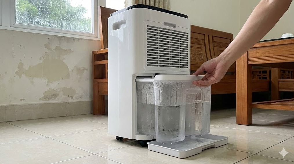 Máy hút ẩm gia đình đang hoạt động với bình chứa nước đầy sau một ngày ẩm ướt – minh chứng hiệu quả hút ẩm thực tế - Ảnh minh họa