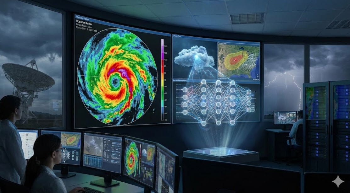 Hệ thống radar và mô hình AI phân tích mây dông, giúp cảnh báo mưa lớn trước nhiều giờ - Hình minh họa