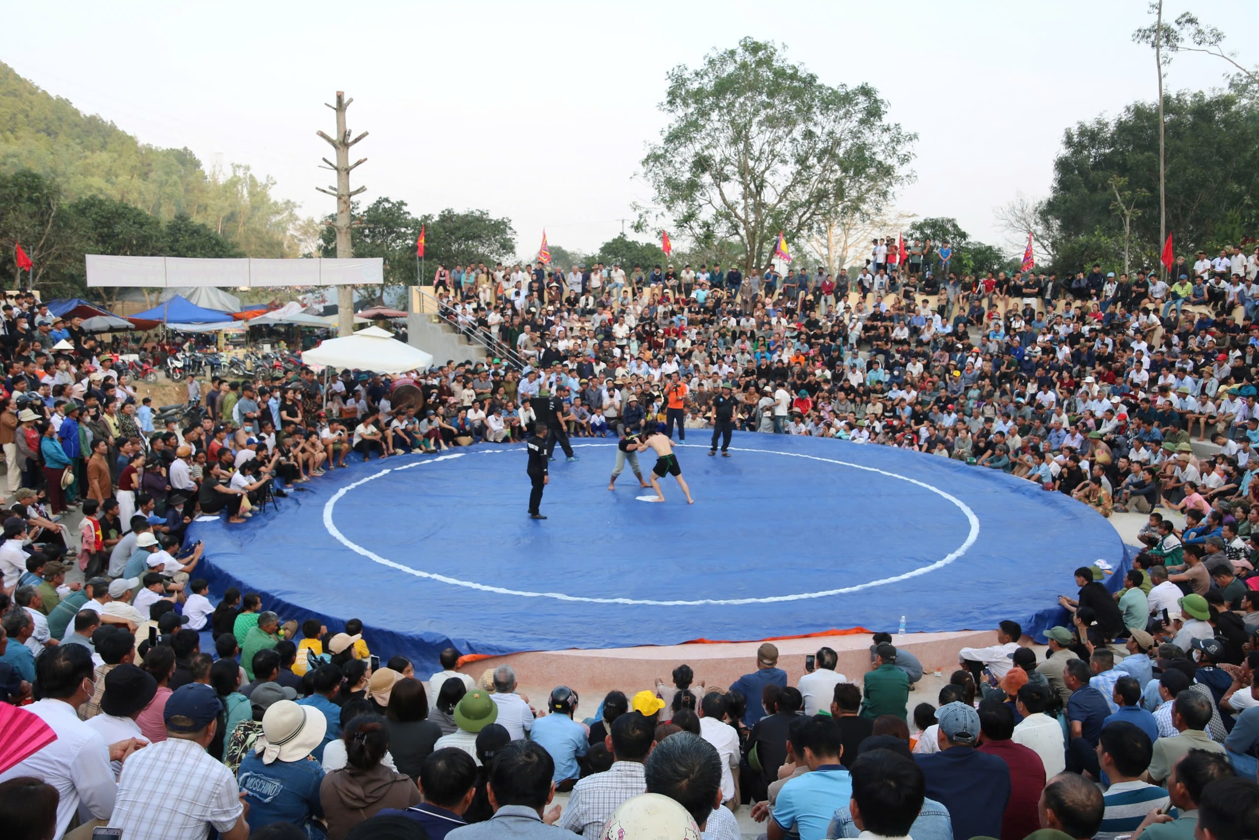 Trong chuỗi hoạt động văn hóa truyền thống tại lễ hội Đền Vua Mai, đấu vật thu hút sự quan tâm của dư luận