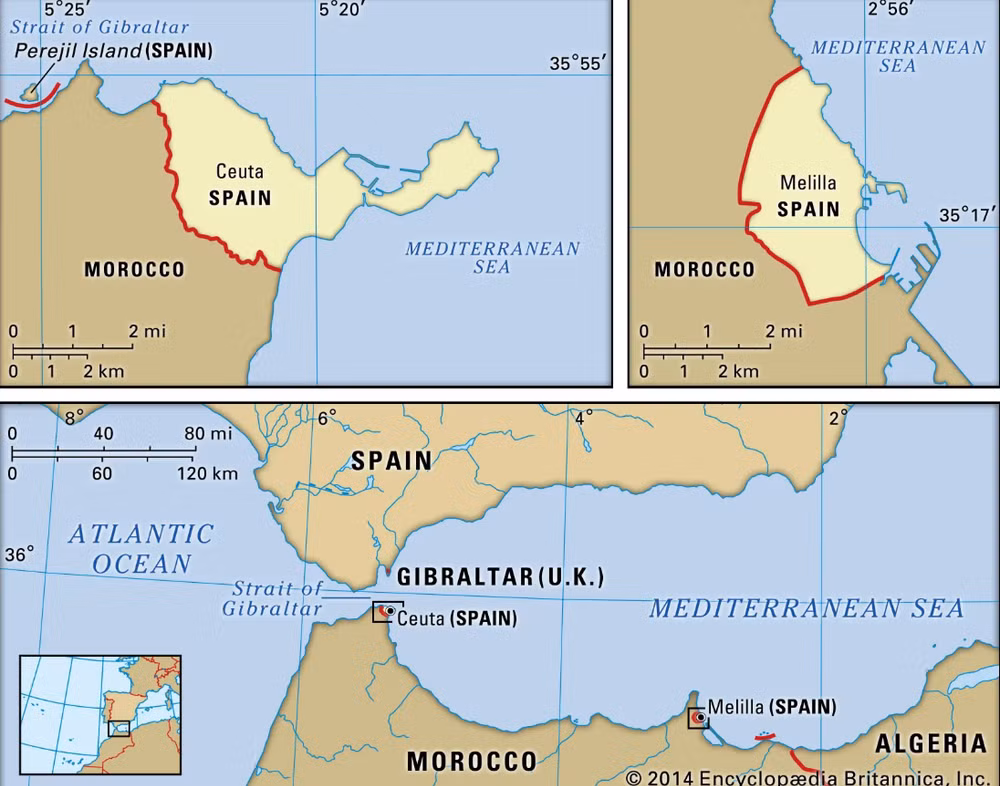 Cueta và Melilla là 2 lãnh thổ hải ngoại thuộc Tây Ban Nha, cùng nằm ở biên giới với Morocco. Ảnh: Britannica 1785455361489.png