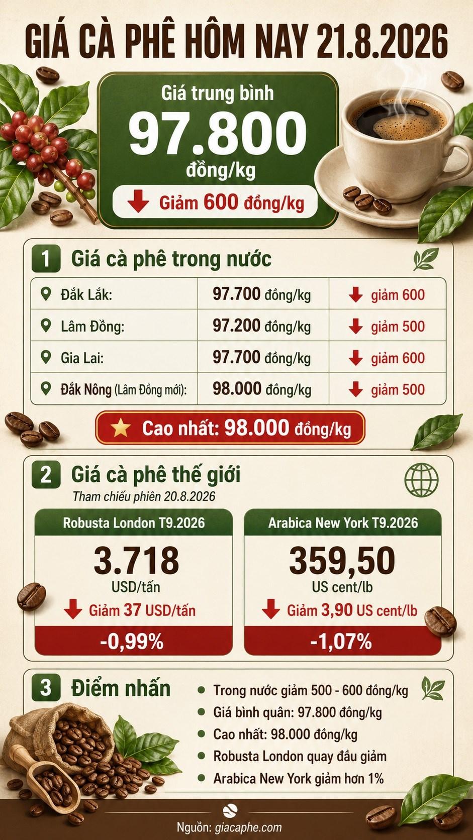 Giá cà phê hôm nay 21.8.2026 giảm trở lại, cao nhất 98.000 đồng/kg - ảnh 3